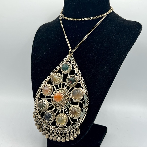 Huge chunky vintage silver tone pendant necklace 22” chain gemstones - Picture 1 of 11